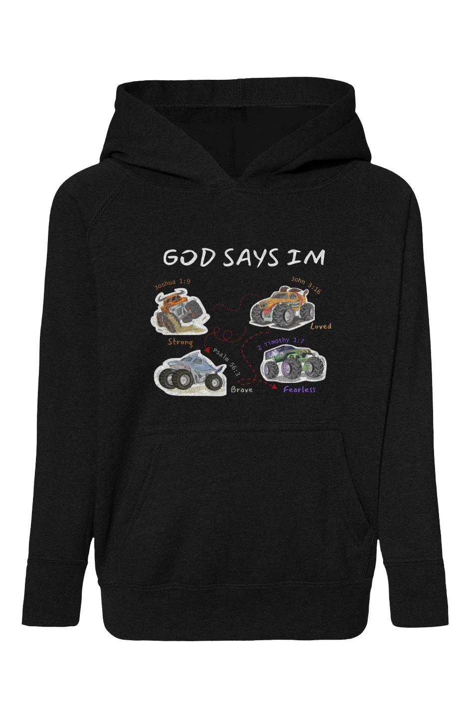 Embroidered Big Trucks, God Says I Am, Blend Raglan Hooded Sweatshirt